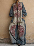 Women's Vintage-print V-neck 3/4-sleeve Loose-fit Cotton-linen Top & High-waisted Wide-leg Pants Set
