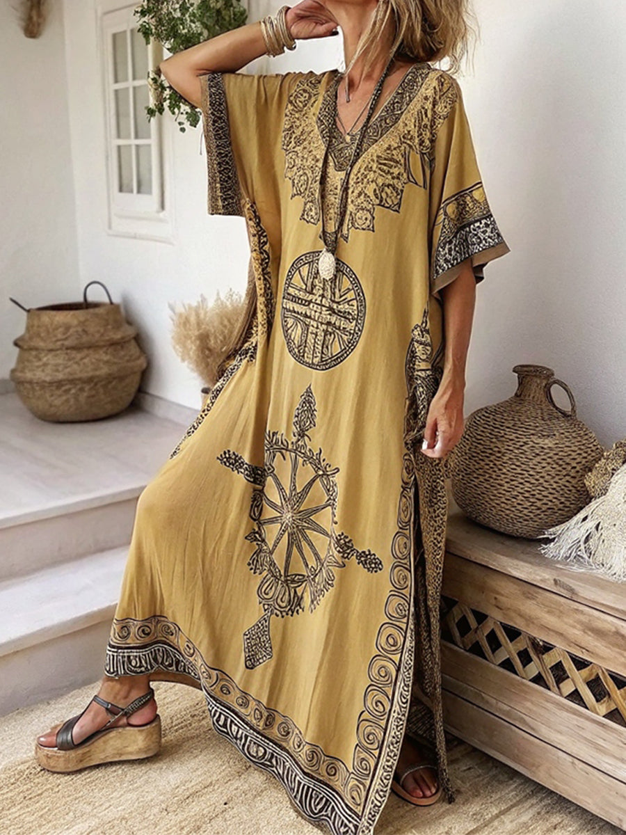 Women's Bohemian Print Casual V-neck Cotton Linen Dress
