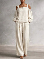 Women's Off-shoulder Cotton-linen Wide-leg Pants Set