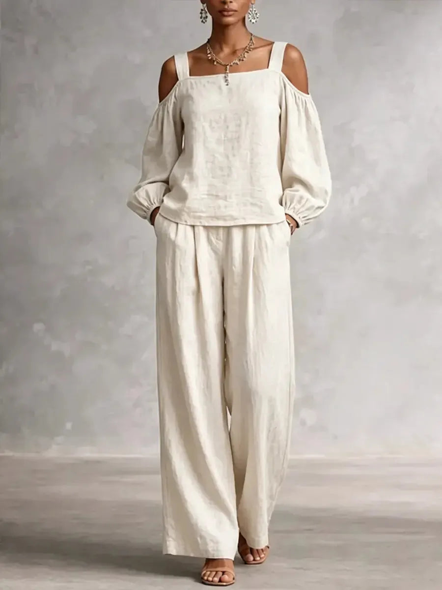 Women's Off-shoulder Cotton-linen Wide-leg Pants Set