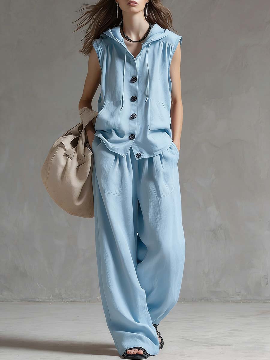 Women's Solid Color Sleeveless Casual Loose Hooded Top and High-Waisted Wide-Leg Cotton Set