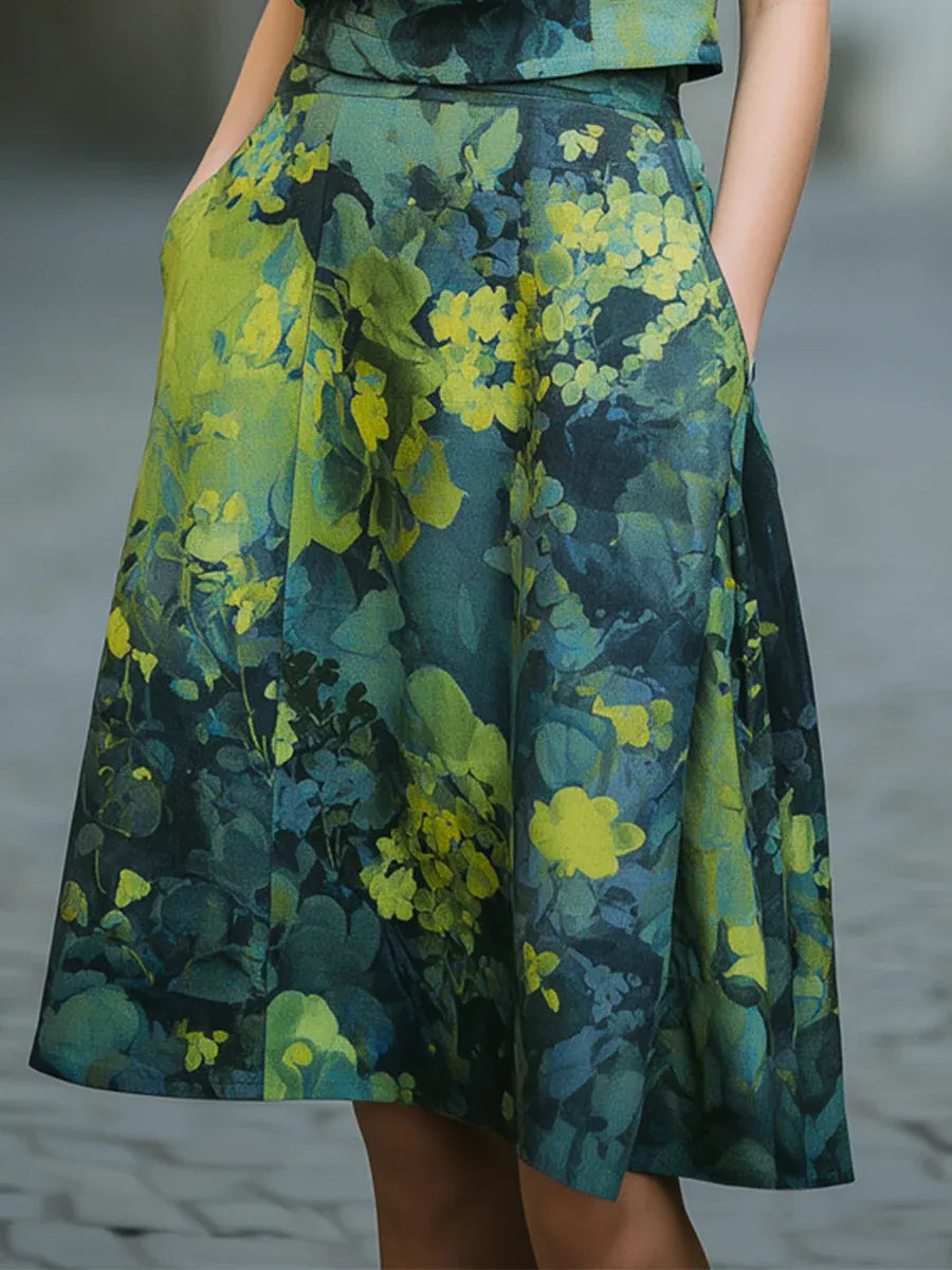 Elegant Floral Print Shirt And Skirt Two-piece Set