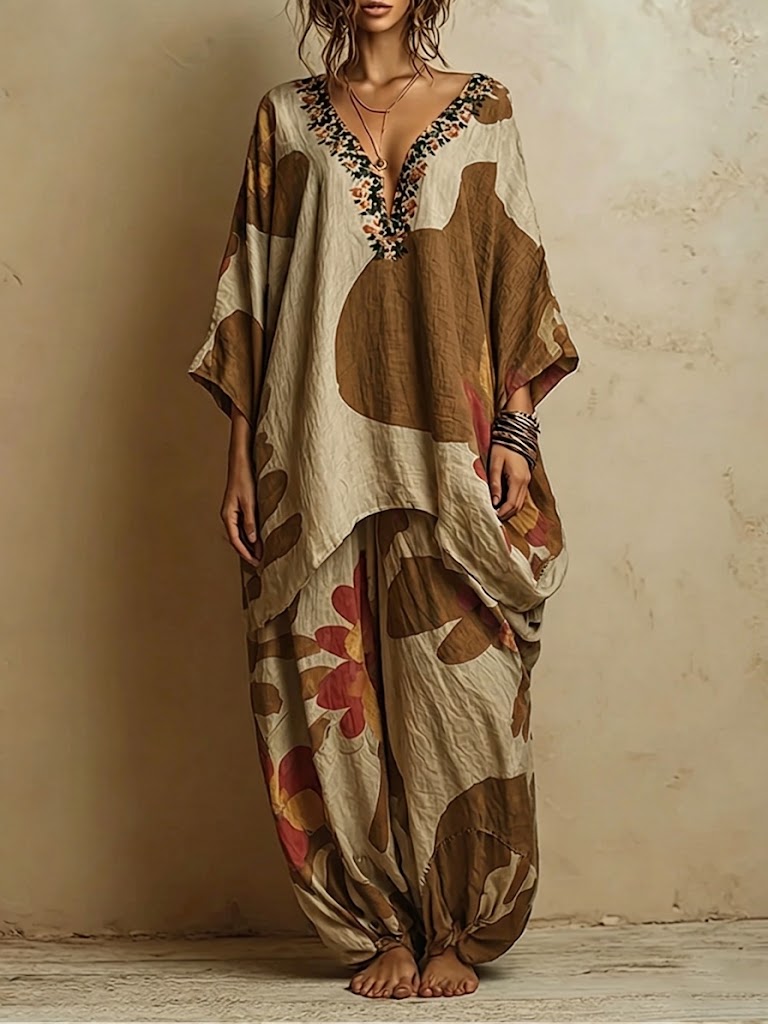Bohemian Art-print Linen And Cotton Two-piece Top And Pants Set