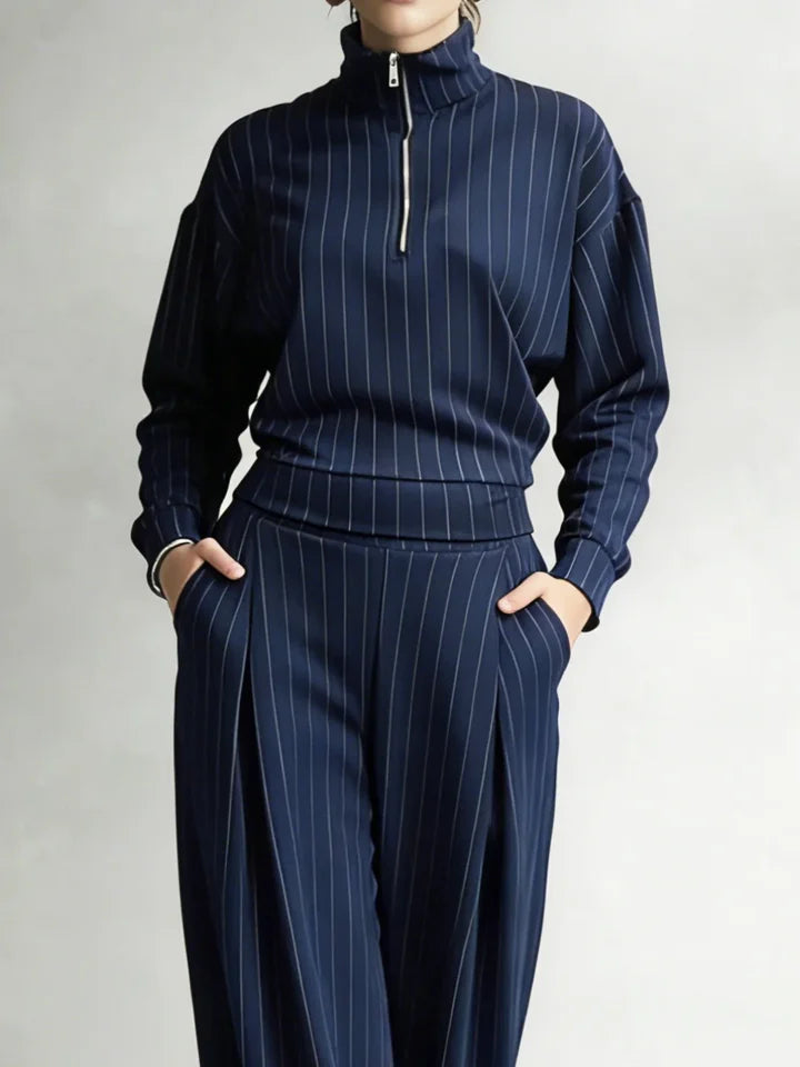 Women's Striped Stretch Cotton Half-zip Top And Wide-leg Pants Two-piece Set