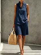 Casual And Comfortable Linen-cotton Sleeveless Top And Shorts Two-piece Set