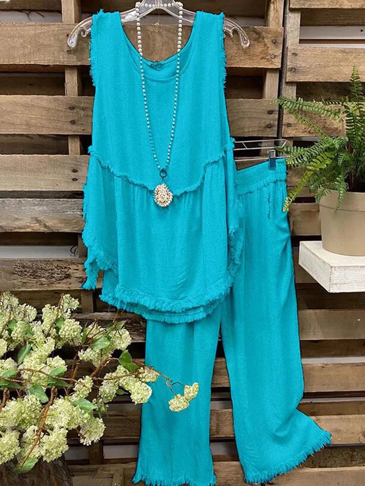 Tassel Sleeveless Top Straight Pants Two-Piece Set
