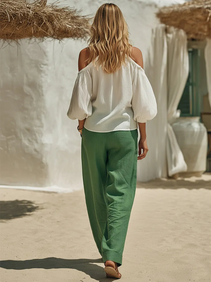 Women's Casual Vacation Embroidered White Halter Top And Green Wide-leg Pants Set