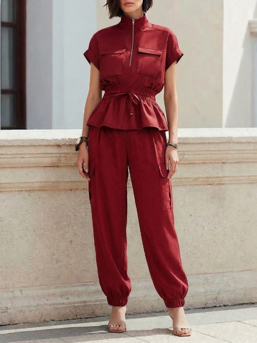Casual Workwear Style Half-zip Top And Pants Two-piece Set