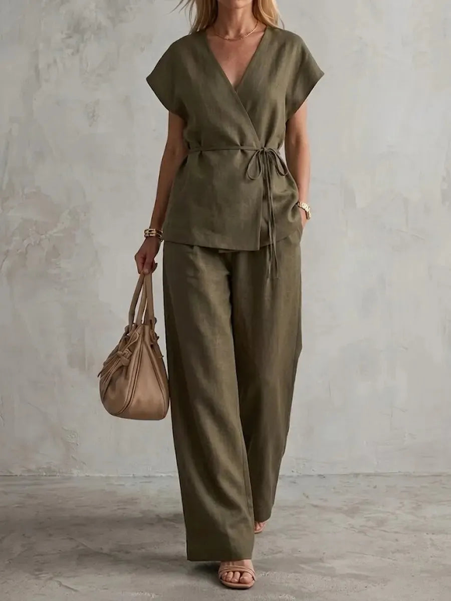 Women's Minimalist Cotton And Linen Wide-leg Pants Set