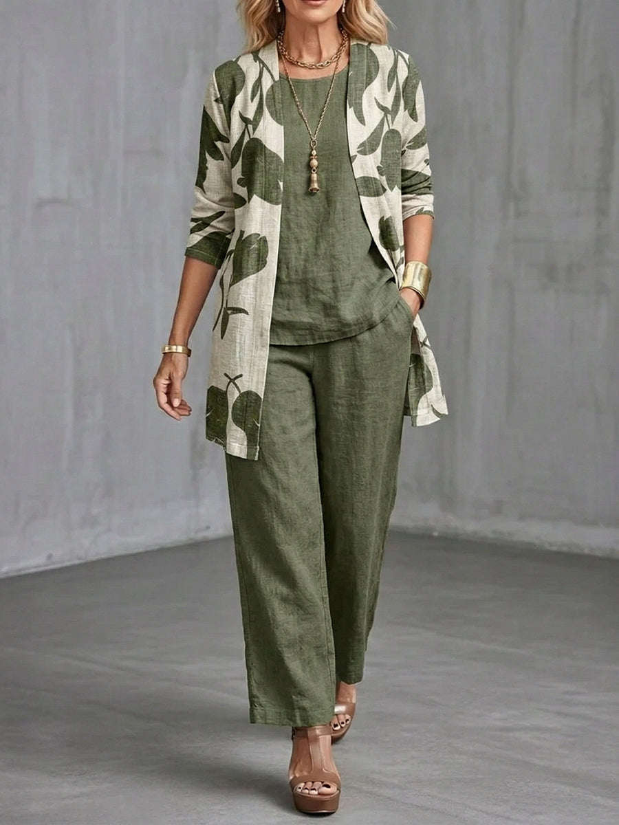 Casual Linen And Cotton Floral Print Cardigan And Sleeveless Top And Pants Three-piece Set
