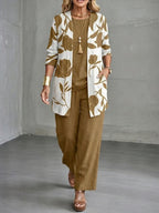 Casual Linen And Cotton Floral Print Cardigan And Sleeveless Top And Pants Three-piece Set