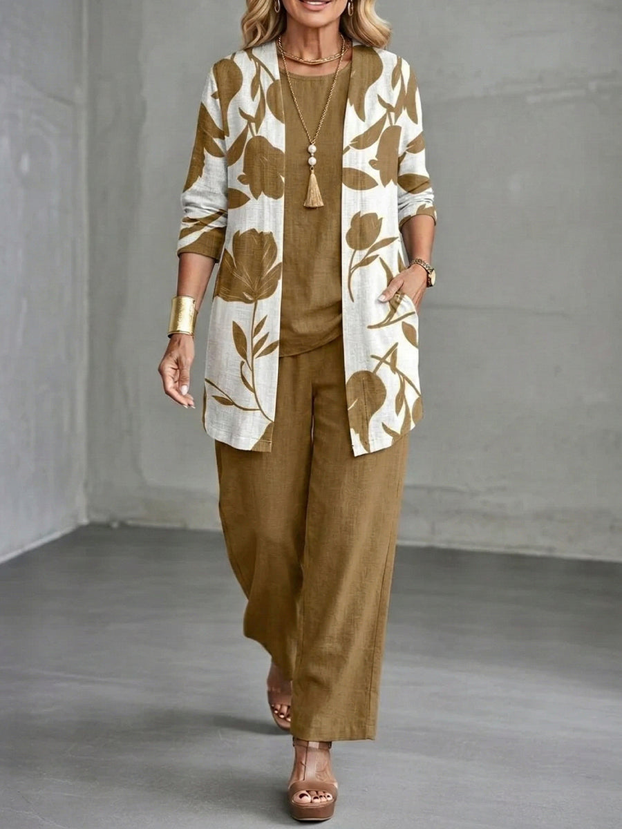 Casual Linen And Cotton Floral Print Cardigan And Sleeveless Top And Pants Three-piece Set