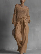 Women's Cozy Openwork Knit Top And Linen-cotton Pants Two-piece Set.