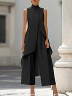 Women's Solid-color Cotton-linen Set: Stand-collar Sleeveless Top & High-waisted Wide-leg Pants