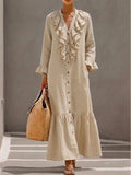 Women's Casual Ruffled V-neck Long Cotton-linen Dress