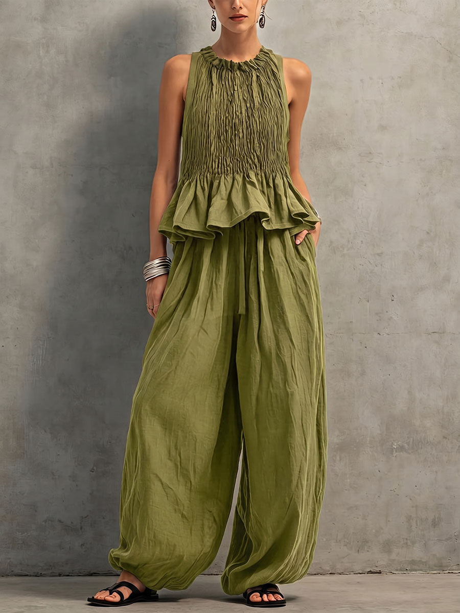 Women's Solid-color Cotton-linen Set: Round-neck Sleeveless Loose-fit Top & High-waisted Wide-leg Pants