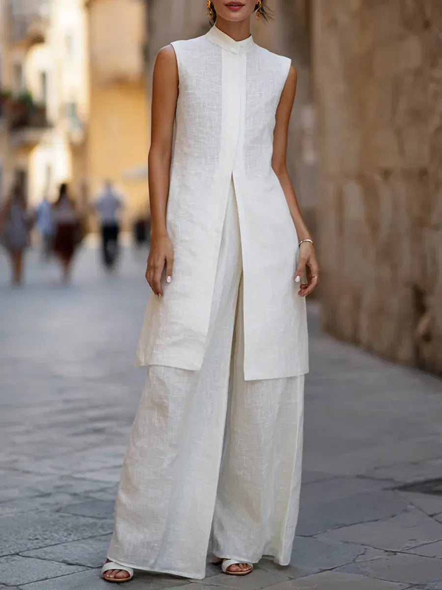 Women's Minimalist Sleeveless Cotton And Linen Set