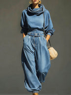 Women's Swing Collar Long-sleeved Casual Loose Denim Top And High-waisted Loose Wide-leg Denim Pants Set.