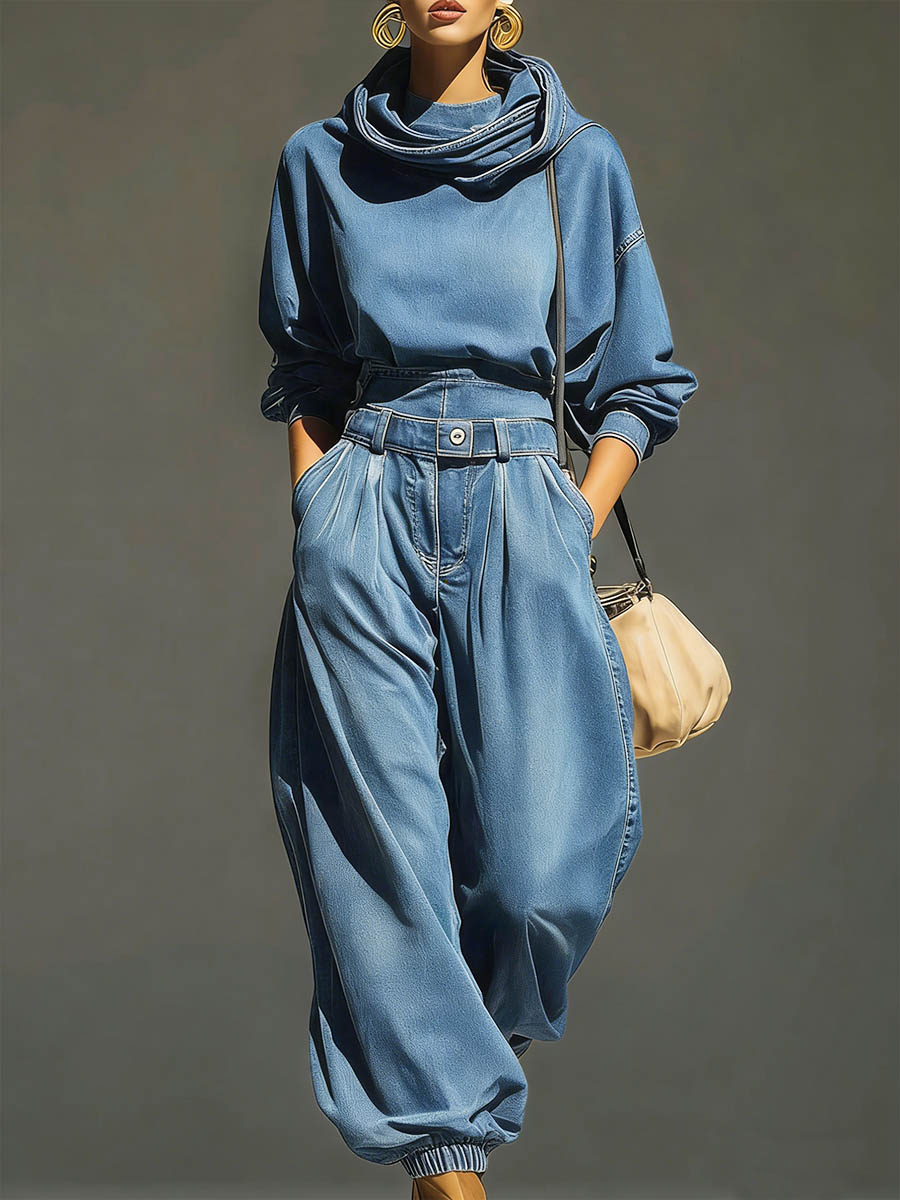 Women's Swing Collar Long-sleeved Casual Loose Denim Top And High-waisted Loose Wide-leg Denim Pants Set.