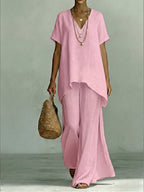 Classic Casual Short-sleeved Linen And Cotton Top And Wide-leg Pants Two-piece Set