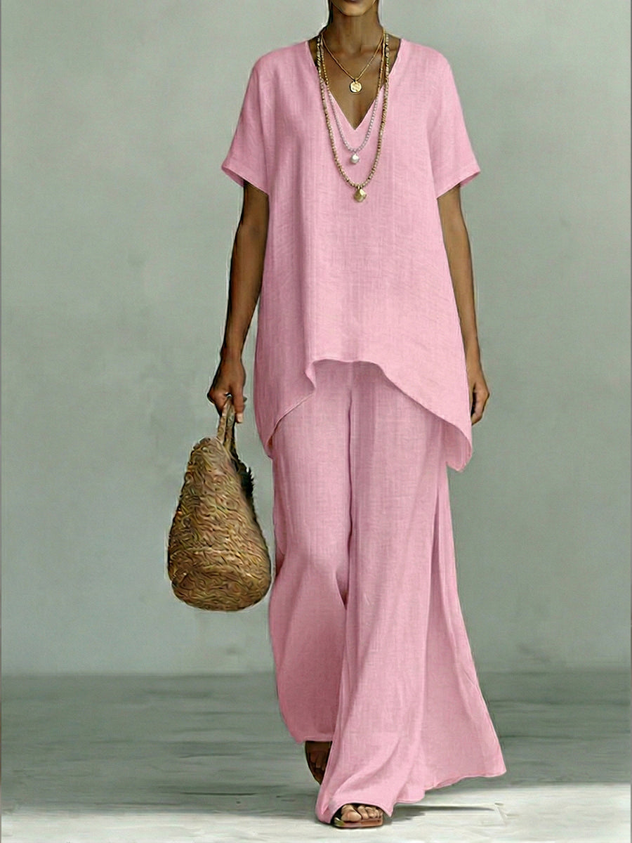 Classic Casual Short-sleeved Linen And Cotton Top And Wide-leg Pants Two-piece Set