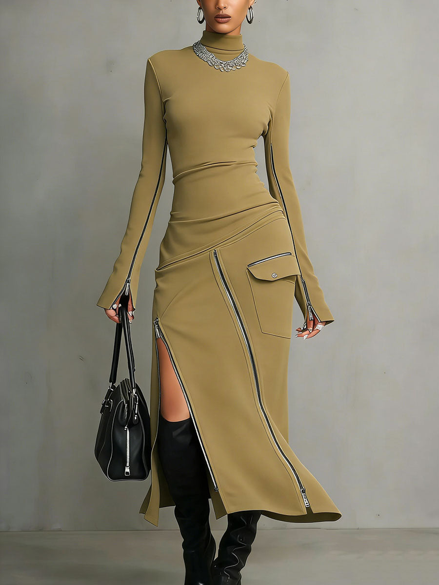 Women's High-neck Zipper Long-sleeved Long Skirt Casual Fashion Solid Color Set