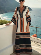 Women's Loose Contrast Stripe Printed Cotton and Linen Dress