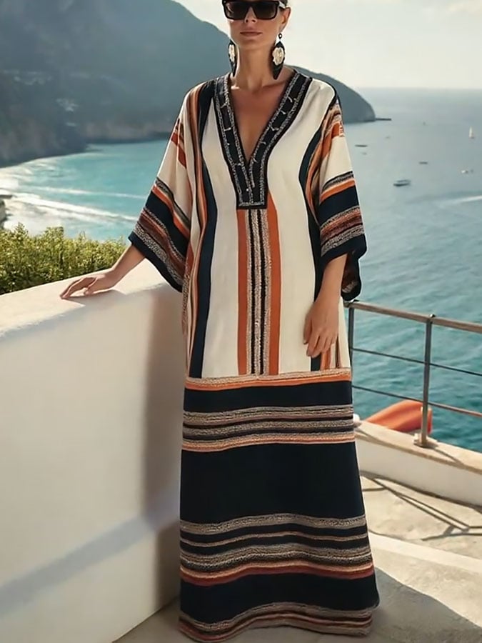Women's Loose Contrast Stripe Printed Cotton and Linen Dress