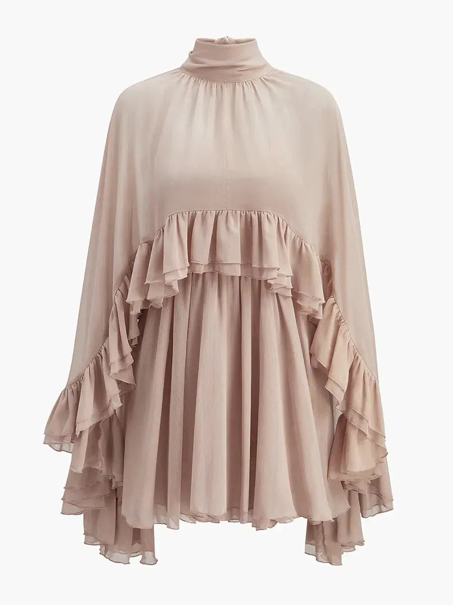 Semi-Sheer Ruffle Dress With Outer Cape Two-piece Set
