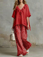 Casual Two-piece Set Of Linen And Cotton Top With Ruffled Collar And Polka Dot Pants