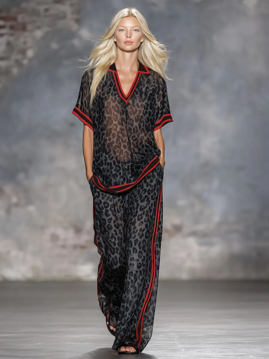 Leopard Print Chiffon Short-sleeved Top And Trousers Set