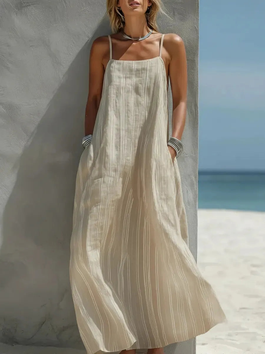 Women's Simple Striped Cotton-linen Strap Dress