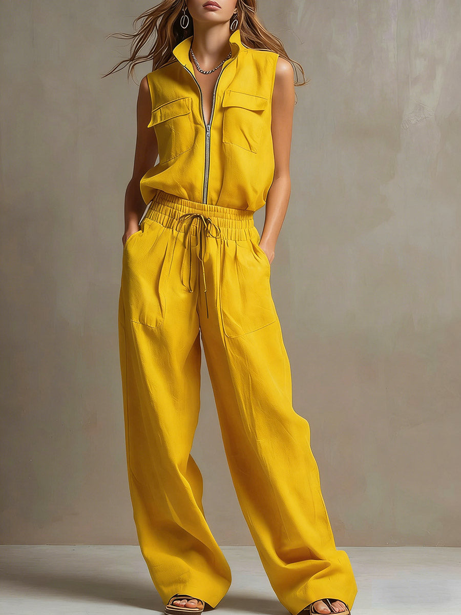 Women's Solid Color Stand Collar Sleeveless Casual Loose Cotton Linen Top And High-waisted Casual Loose Wide-leg Pants Cotton Linen Set