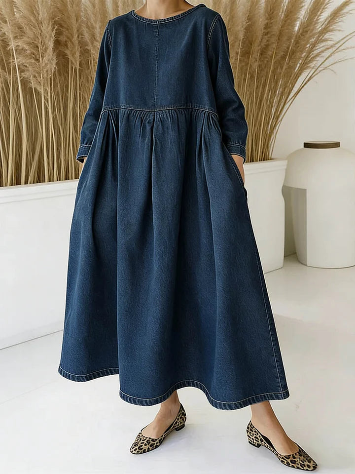Women's Peter Pan Collar Long-sleeved Loose-fitting Casual Denim Dress