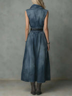 Women's Sleeveless Casual Loose Denim Dress With A Ruffled Neckline