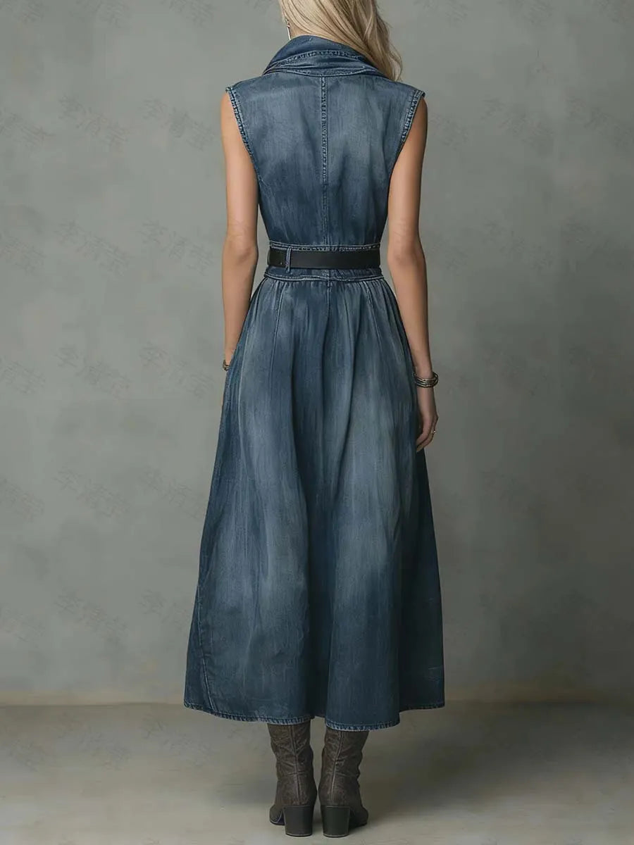 Women's Sleeveless Casual Loose Denim Dress With A Ruffled Neckline
