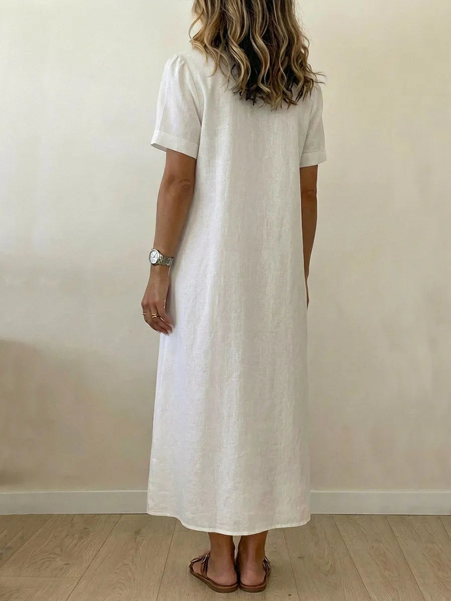 Women's Solid-color Short-sleeve Pleated Cotton-linen Dress With Shirt Collar