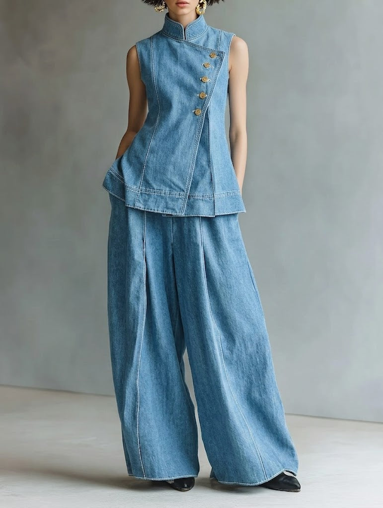Casual Sleeveless Denim Top And Wide-leg Jeans Two-piece Set