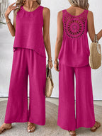 Women's Hollow Lace Two-piece Set: Casual Vest And Wide-leg Pants