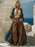 Bohemian Three-piece Set: Ethnic-print Cotton-linen Long Cardigan, Sleeveless Top, And Trousers