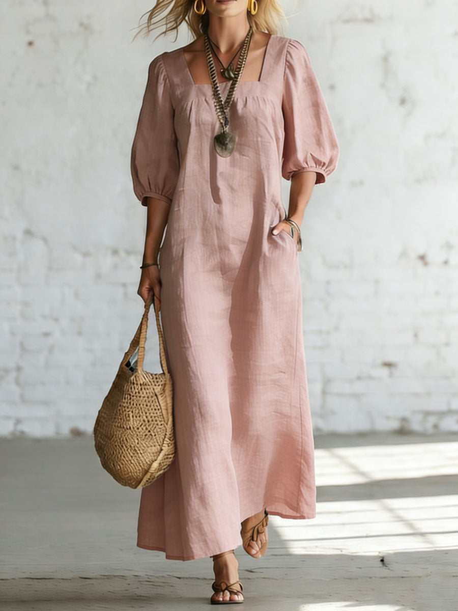Minimalist Square Neck And Half Sleeves Casual Cotton-linen Long Dress