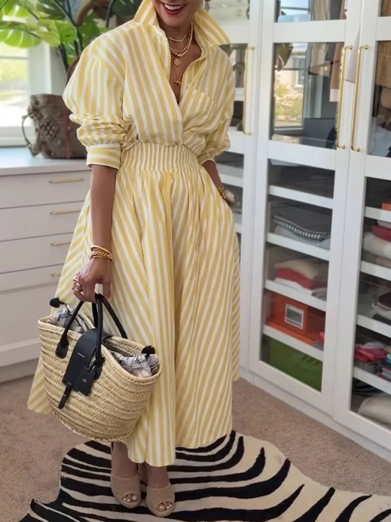 Casual & Comfortable Striped Linen-cotton Shirt And A-line Skirt Two-piece Set