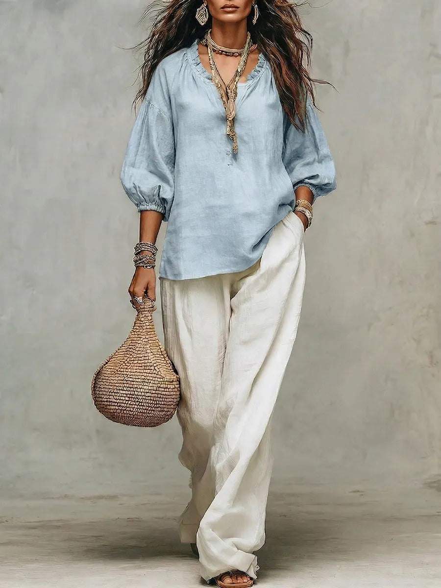 Retro Ruffled Puff-sleeve Cotton-linen Two-piece Set