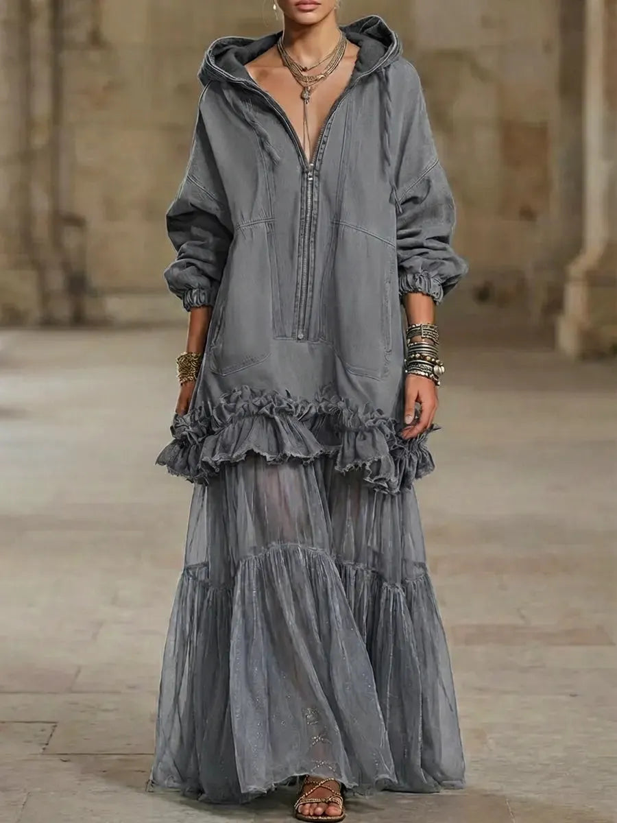 Women's Retro Hooded Zip Ruffled Denim Organza Patchwork Art Casual Maxi Dress