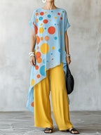 Women's Casual Two-piece Set: Geometric Print Round-neck Short-sleeve Loose Chiffon Top & Solid Color High-waisted Cotton-linen Wide-leg Pants