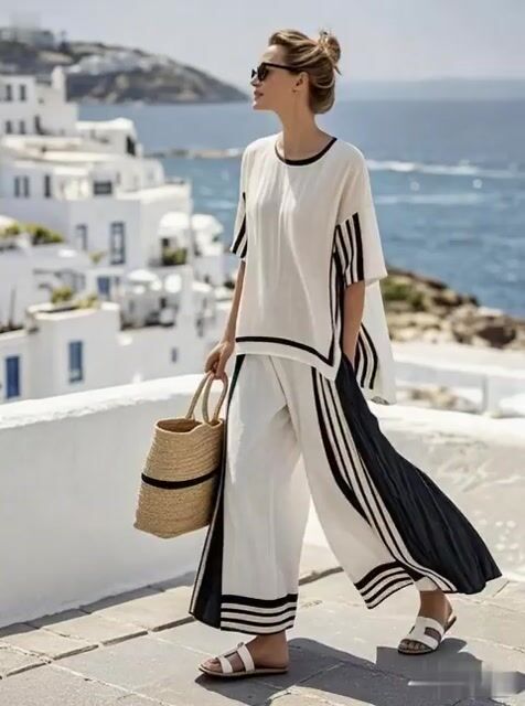 Women'S Loose Slit Contrast Striped Pants Set