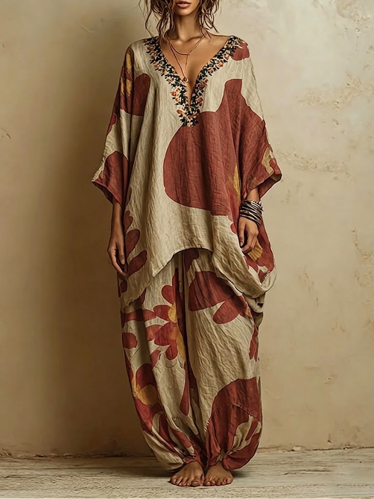 Bohemian Art-print Linen And Cotton Two-piece Top And Pants Set
