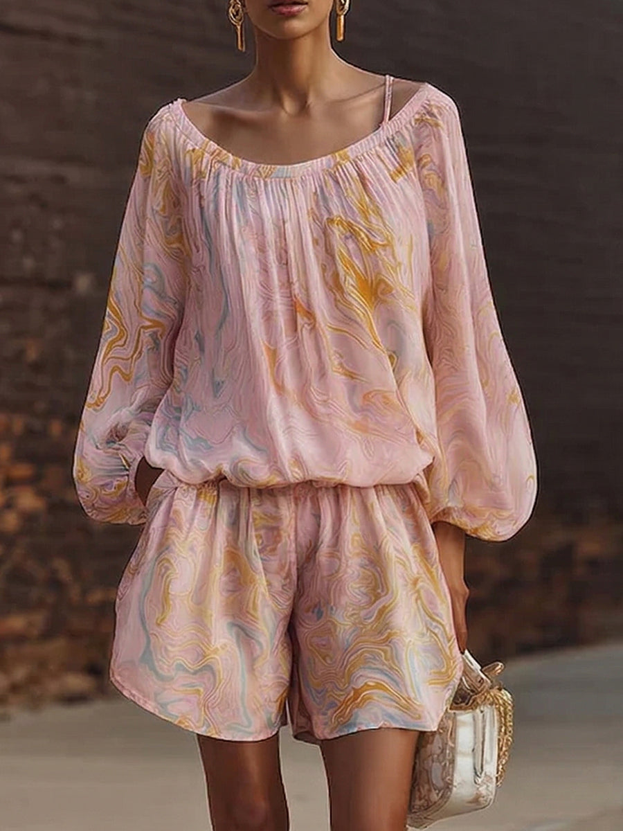 Boho Vintage Print Shirt & Shorts Two-piece Set