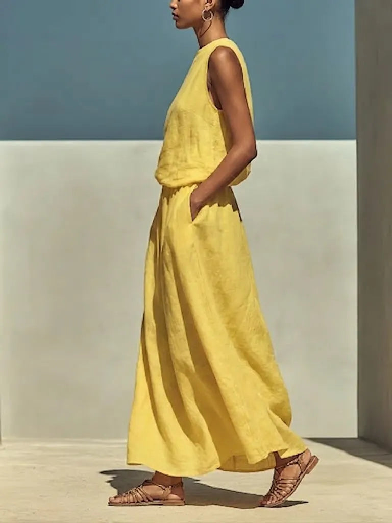 Women's Simple Vacation Style Sleeveless Top And Skirt Set