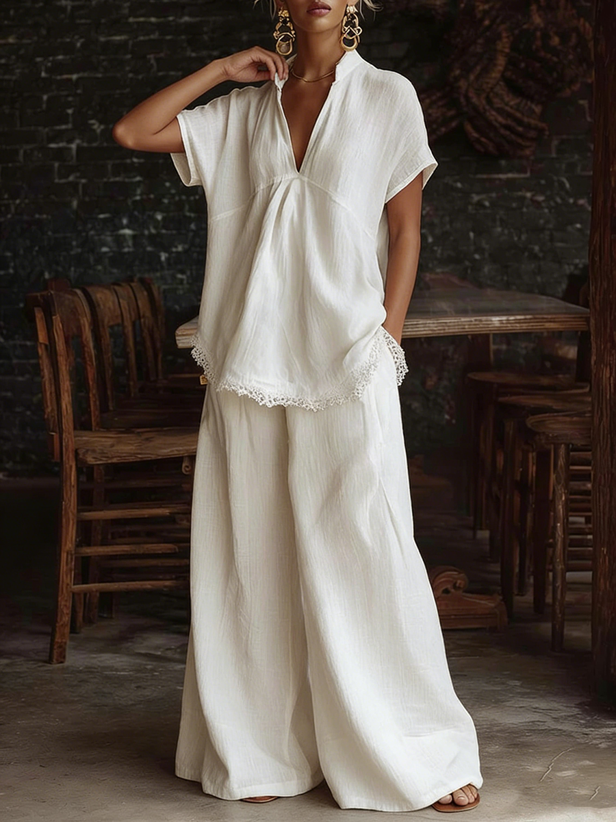 Retro Lace-hem Cotton-linen Two-piece Set